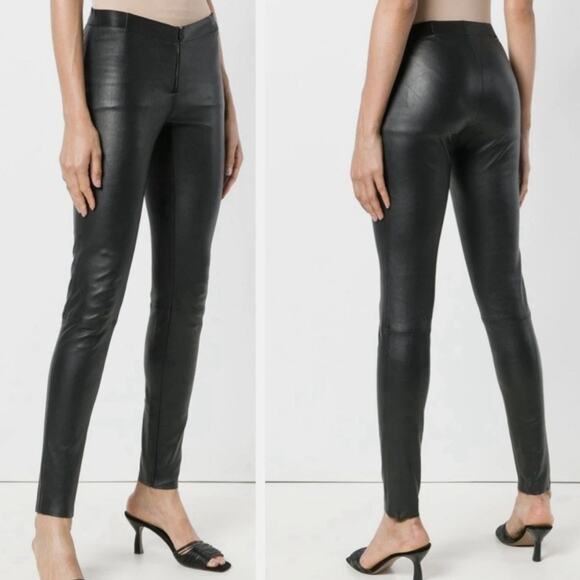 Alice & Olivia 100% Leather Zip Front Black Stretch Skinny Pants Leggings US 2 - Picture 3 of 13